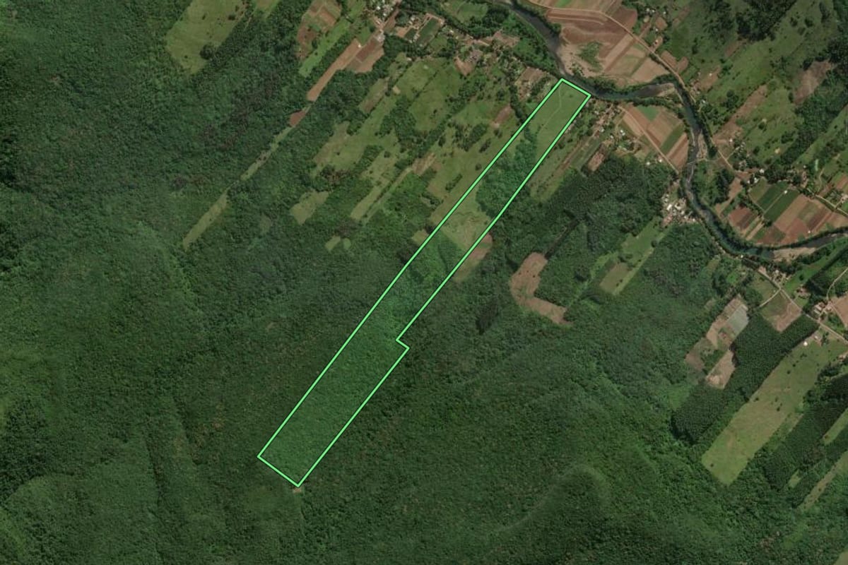 Imagem de satélite do imóvel rural em Maquiné (RS), com o contorno declarado no CAR desenhado por cima.