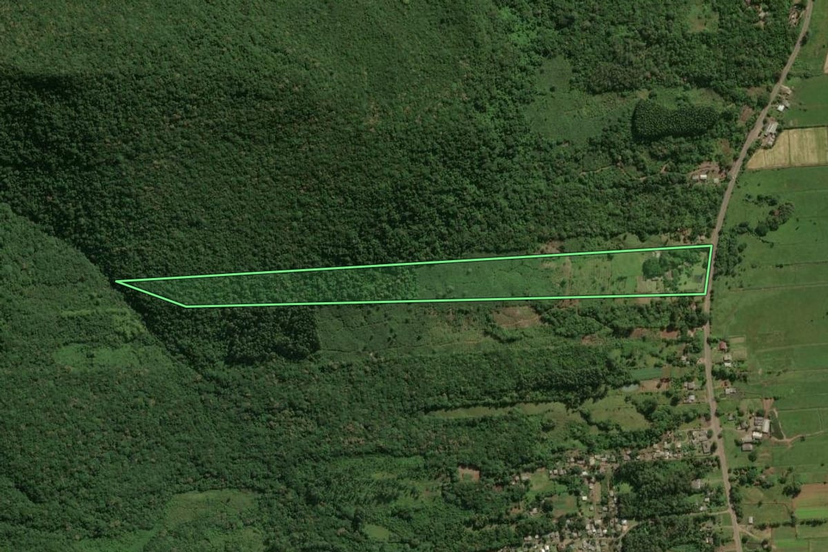 Imagem de satélite do imóvel rural em Maquiné (RS), com o contorno declarado no CAR desenhado por cima.