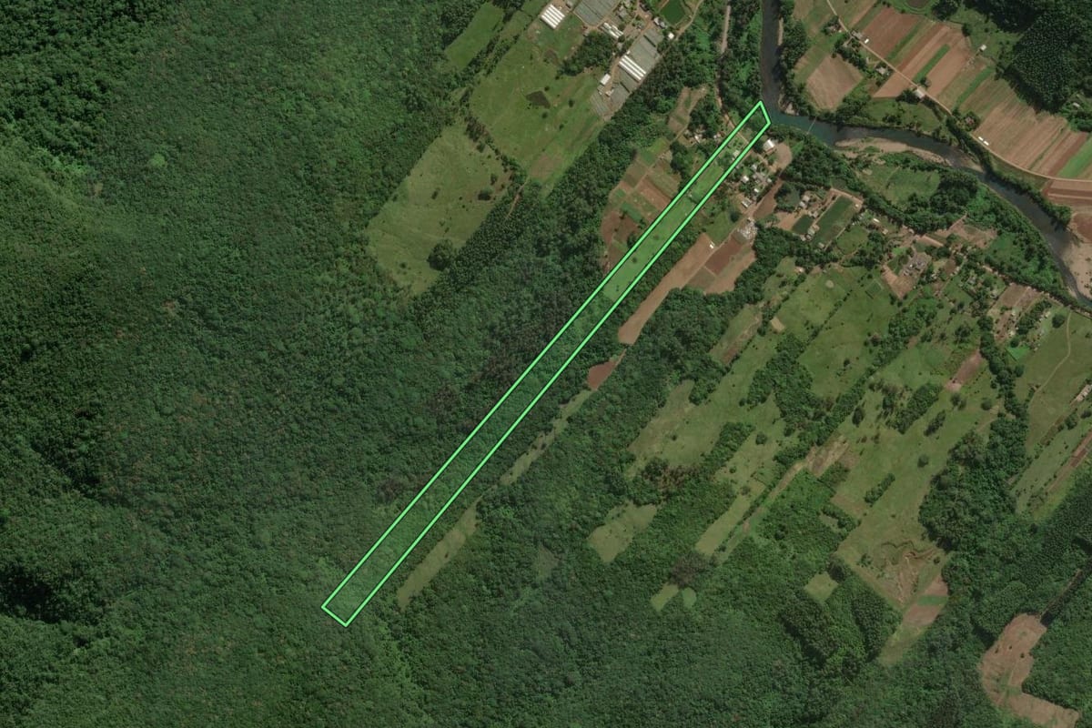 Imagem de satélite do imóvel rural em Maquiné (RS), com o contorno declarado no CAR desenhado por cima.