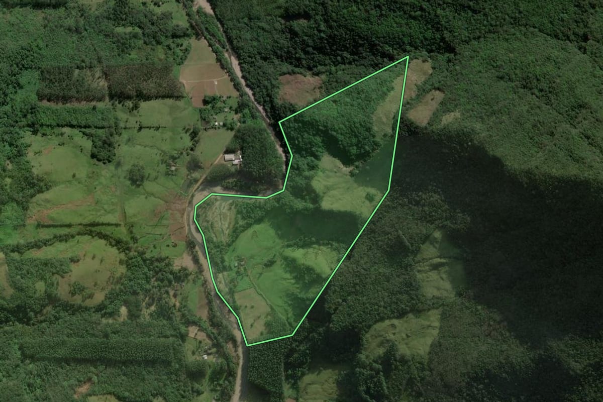 Imagem de satélite do imóvel rural em Maquiné (RS), com o contorno declarado no CAR desenhado por cima.