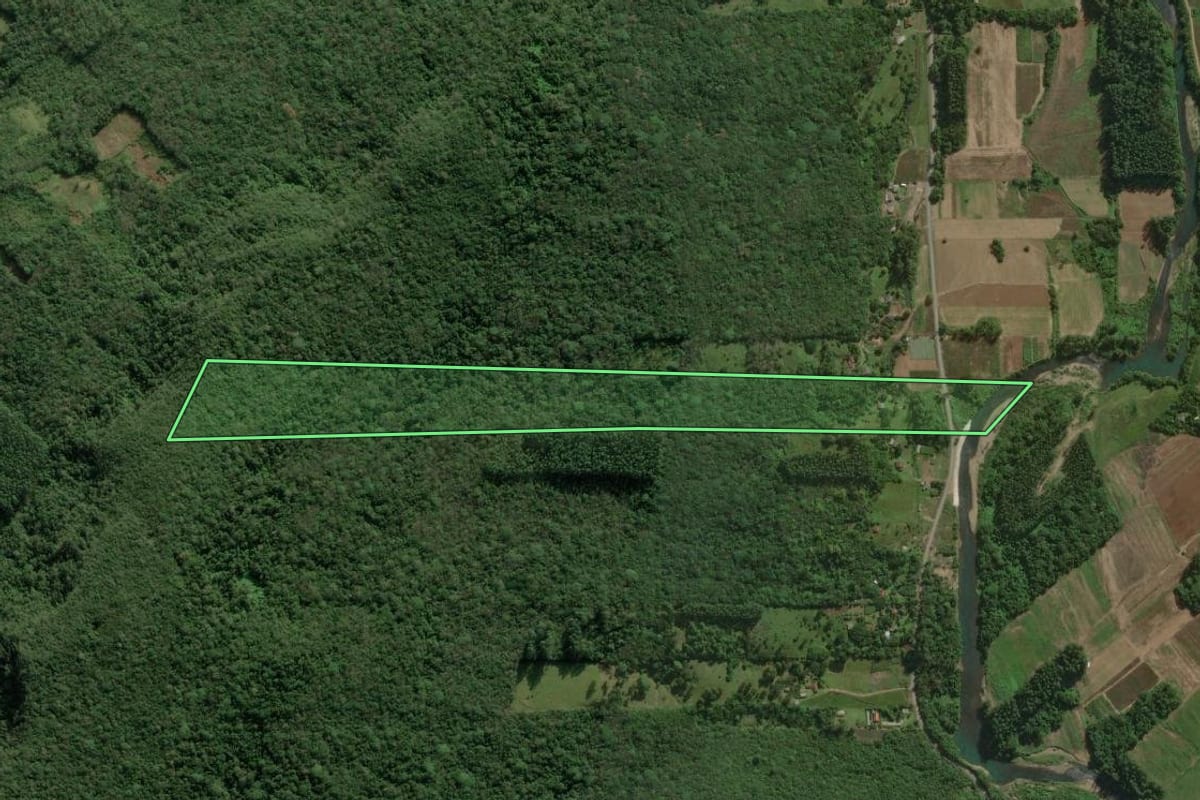 Imagem de satélite do imóvel rural em Maquiné (RS), com o contorno declarado no CAR desenhado por cima.