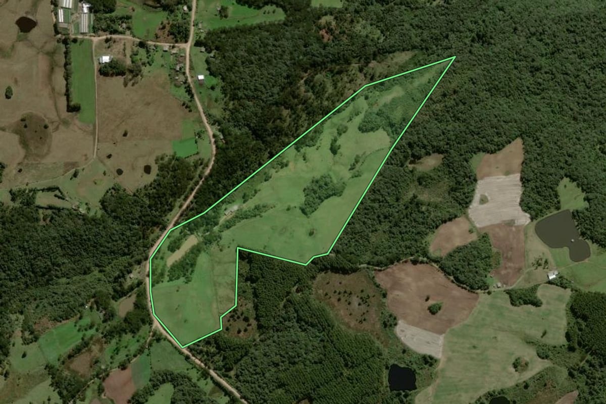 Imagem de satélite do imóvel rural em Maquiné (RS), com o contorno declarado no CAR desenhado por cima.