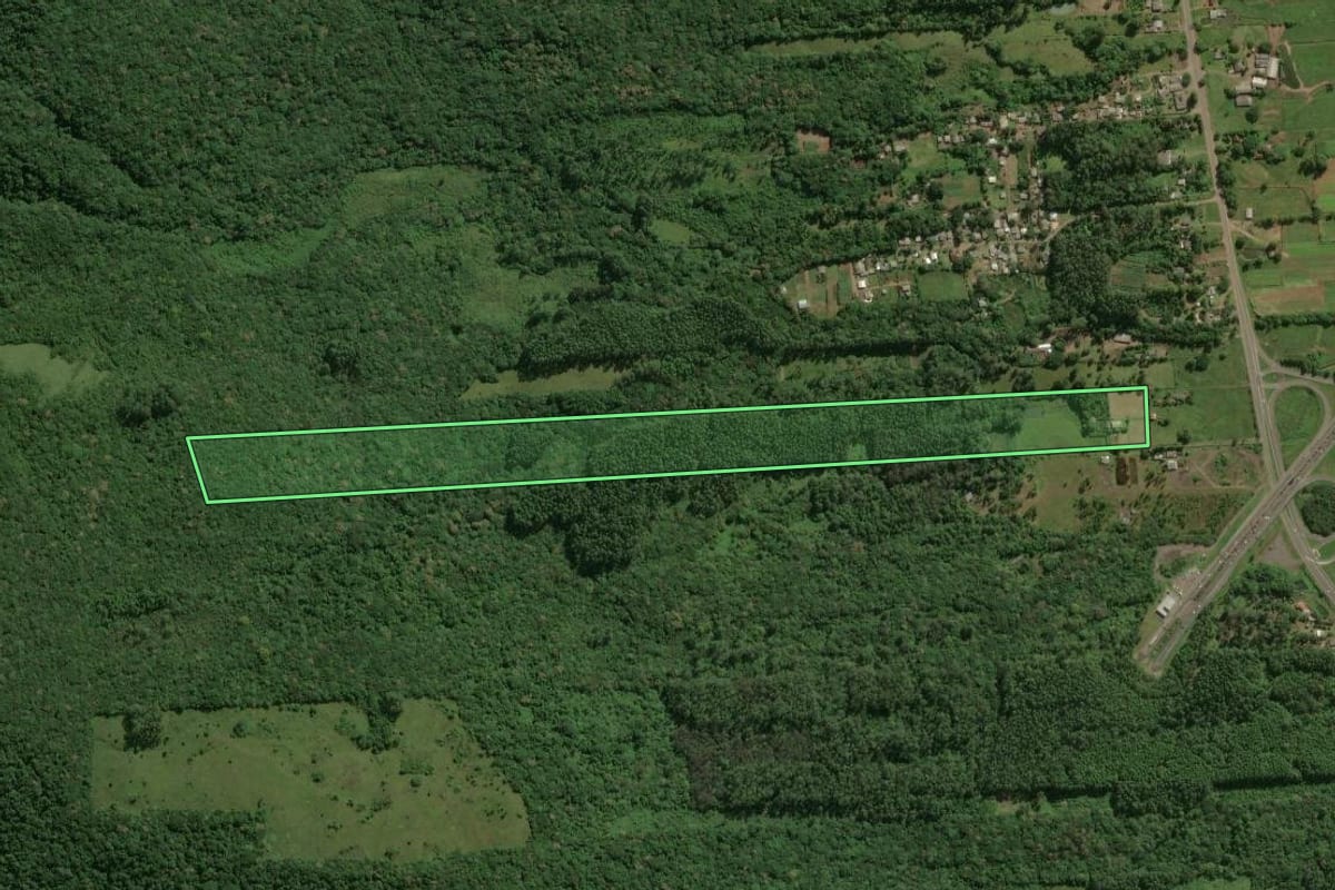 Imagem de satélite do imóvel rural em Maquiné (RS), com o contorno declarado no CAR desenhado por cima.