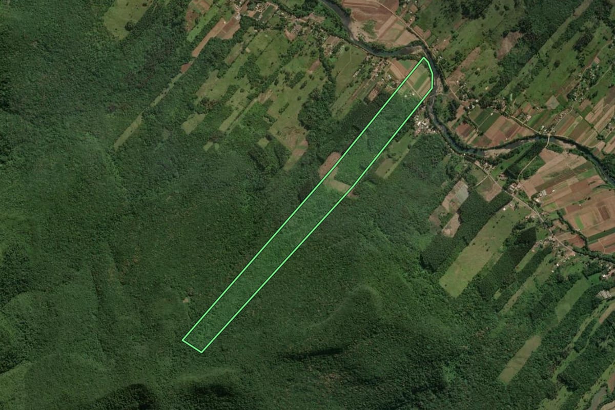 Imagem de satélite do imóvel rural em Maquiné (RS), com o contorno declarado no CAR desenhado por cima.