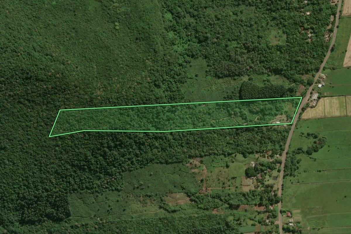 Imagem de satélite do imóvel rural em Maquiné (RS), com o contorno declarado no CAR desenhado por cima.