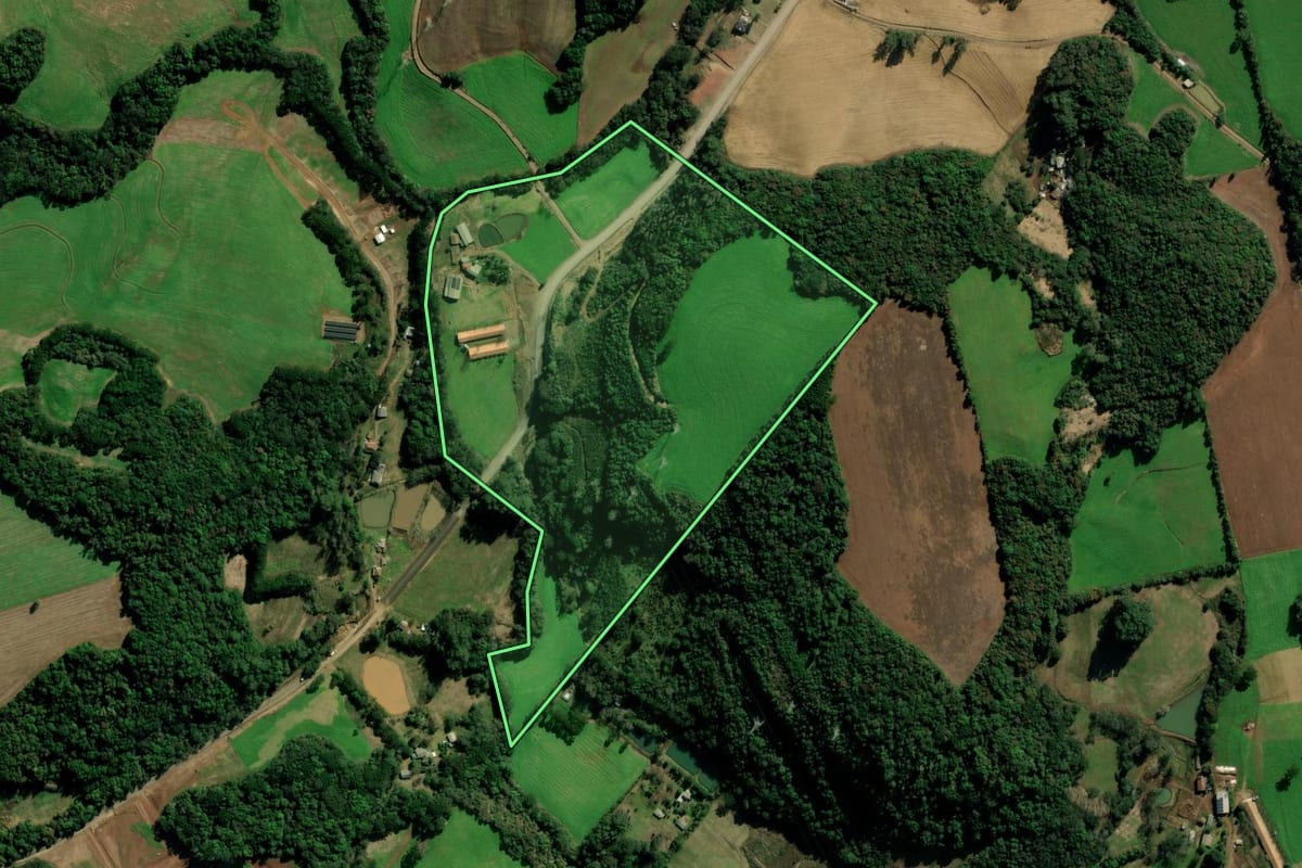 Imagem de satélite do imóvel rural em Marau (RS), com o contorno declarado no CAR desenhado por cima.