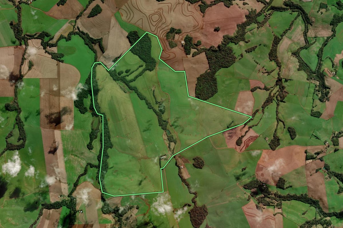 Imagem de satélite do imóvel rural em Marau (RS), com o contorno declarado no CAR desenhado por cima.