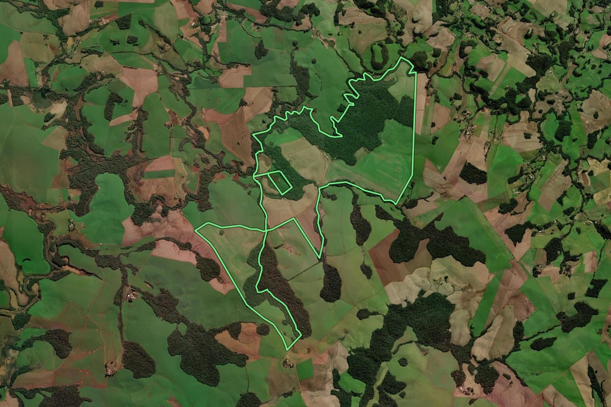 Imagem de satélite do imóvel rural em Marau (RS), com o contorno declarado no CAR desenhado por cima.