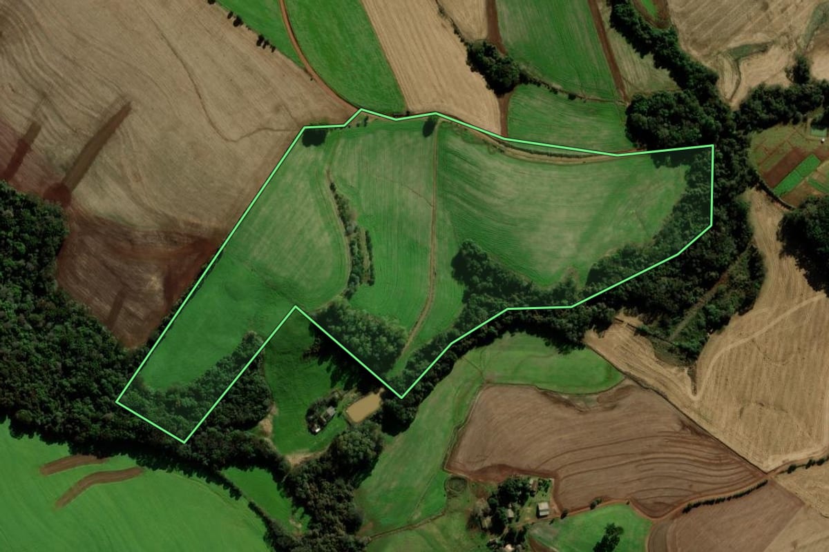 Imagem de satélite do imóvel rural em Marau (RS), com o contorno declarado no CAR desenhado por cima.