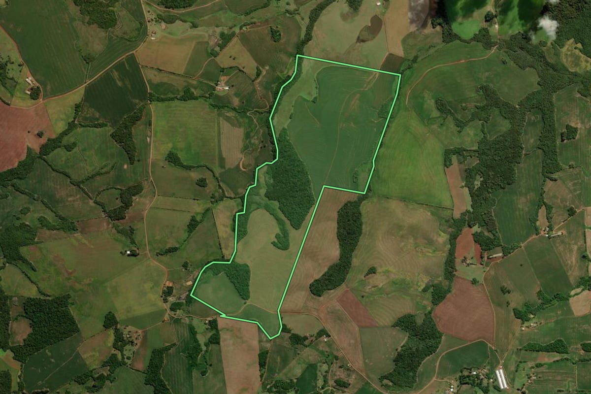 Imagem de satélite do imóvel rural em Marau (RS), com o contorno declarado no CAR desenhado por cima.