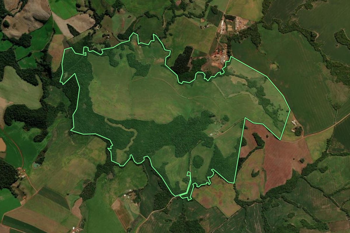 Imagem de satélite do imóvel rural em Marau (RS), com o contorno declarado no CAR desenhado por cima.