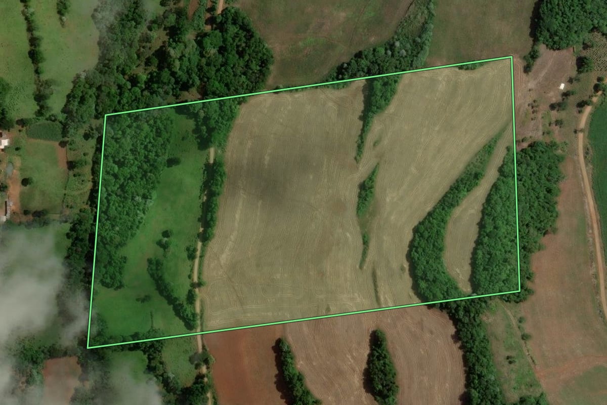 Imagem de satélite do imóvel rural em Marcelino Ramos (RS), com o contorno declarado no CAR desenhado por cima.
