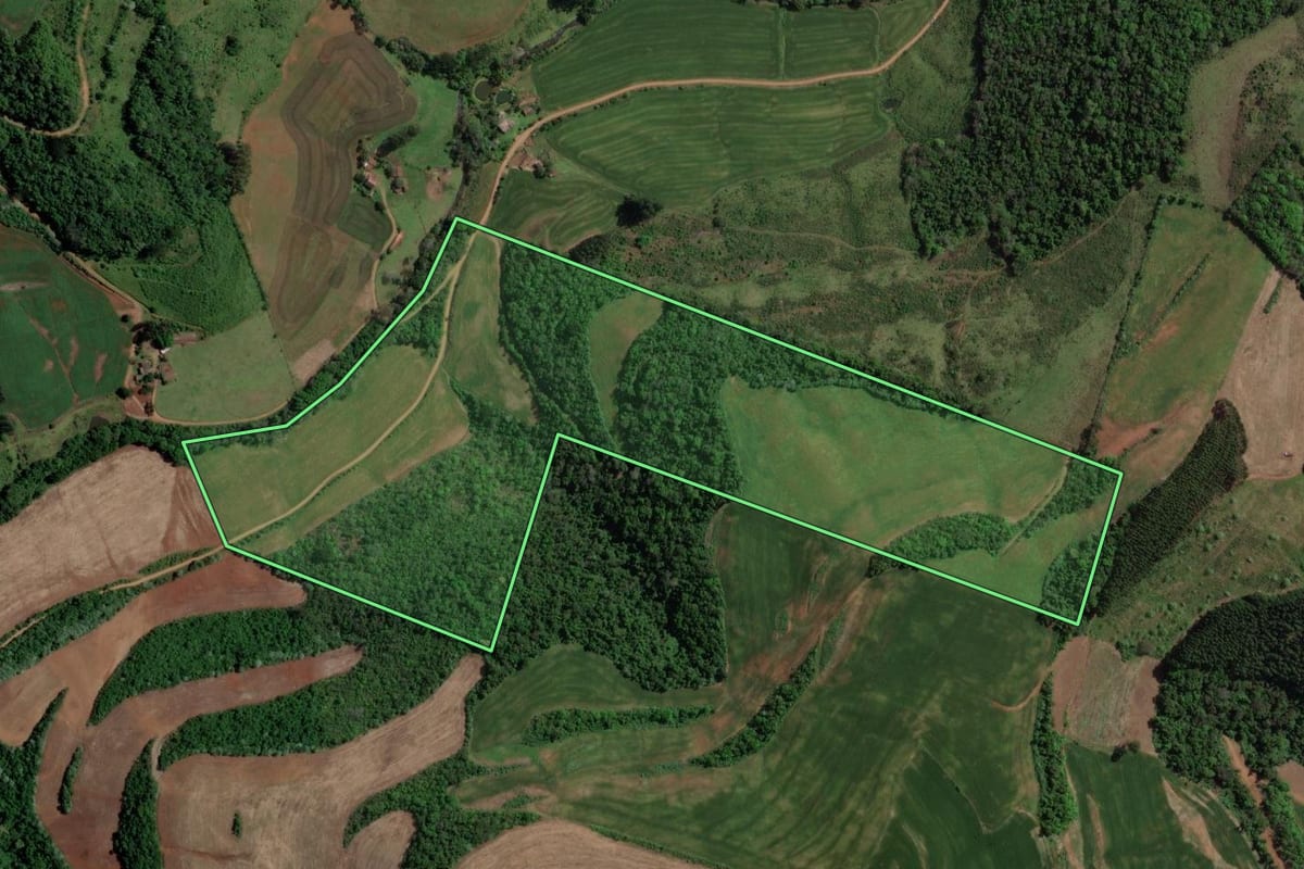 Imagem de satélite do imóvel rural em Marcelino Ramos (RS), com o contorno declarado no CAR desenhado por cima.