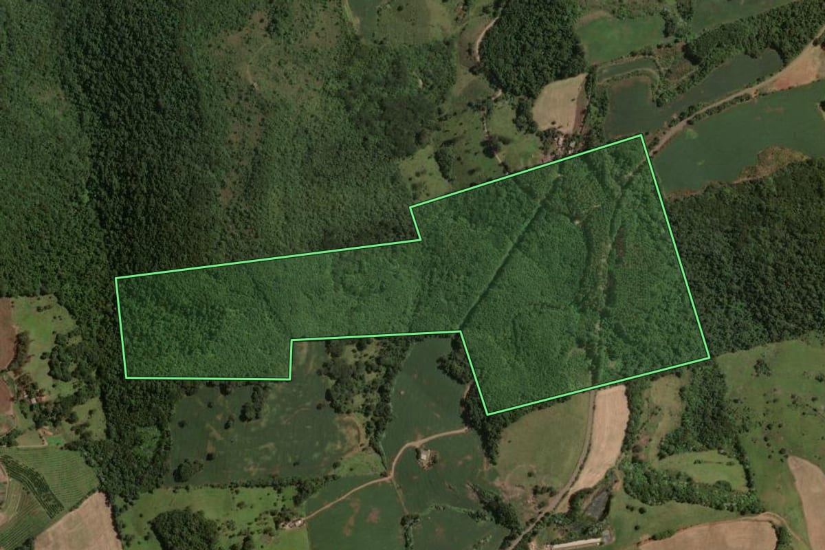 Imagem de satélite do imóvel rural em Marcelino Ramos (RS), com o contorno declarado no CAR desenhado por cima.
