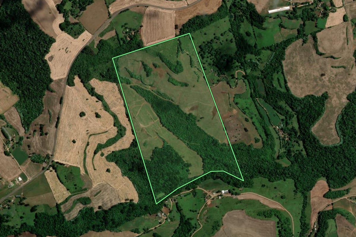 Imagem de satélite do imóvel rural em Marcelino Ramos (RS), com o contorno declarado no CAR desenhado por cima.