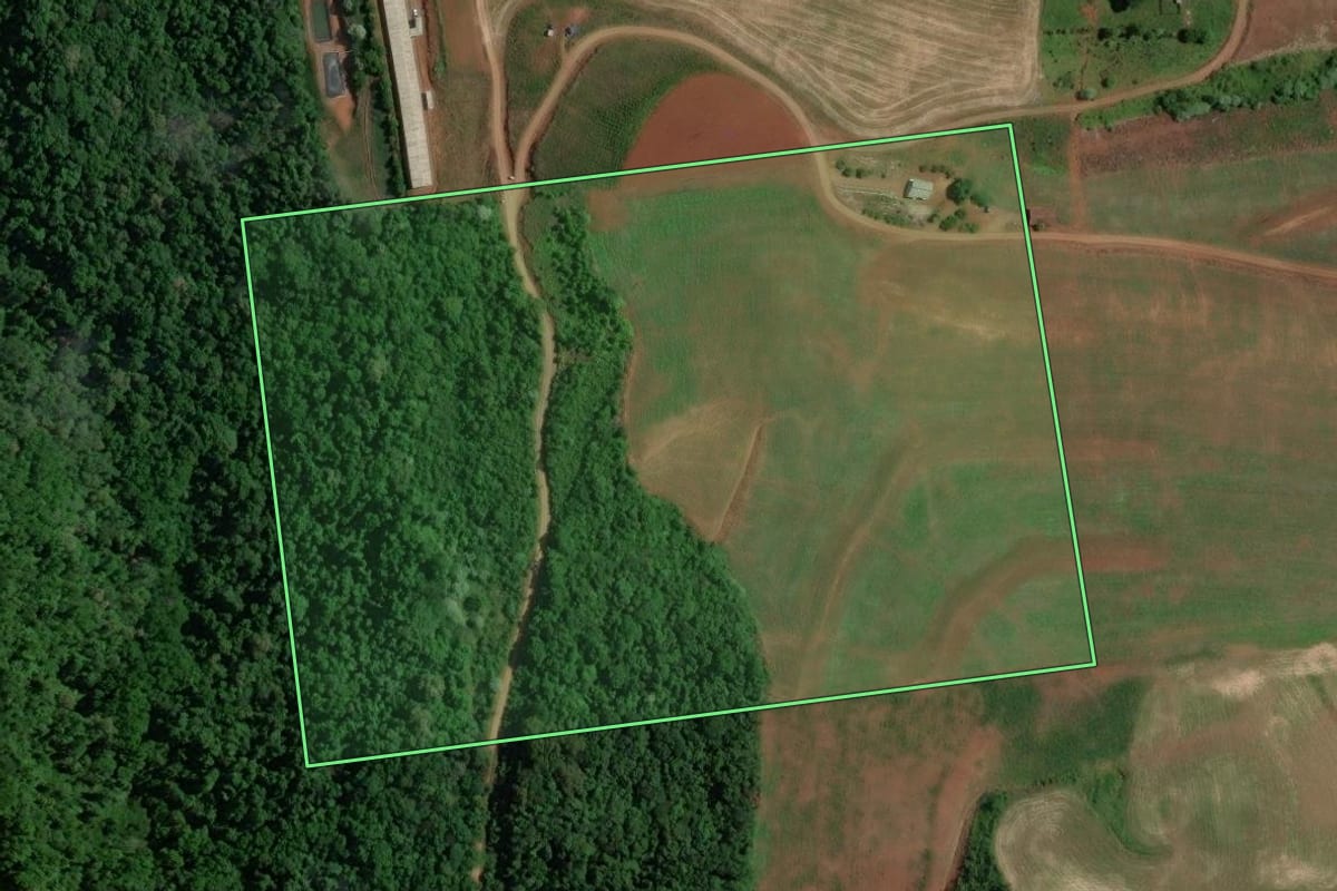 Imagem de satélite do imóvel rural em Marcelino Ramos (RS), com o contorno declarado no CAR desenhado por cima.
