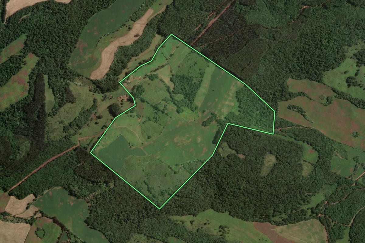 Imagem de satélite do imóvel rural em Marcelino Ramos (RS), com o contorno declarado no CAR desenhado por cima.