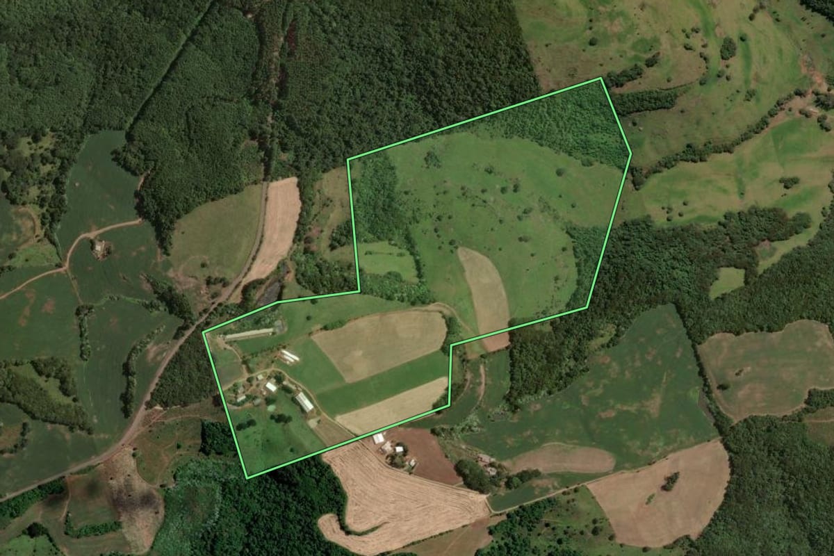 Imagem de satélite do imóvel rural em Marcelino Ramos (RS), com o contorno declarado no CAR desenhado por cima.
