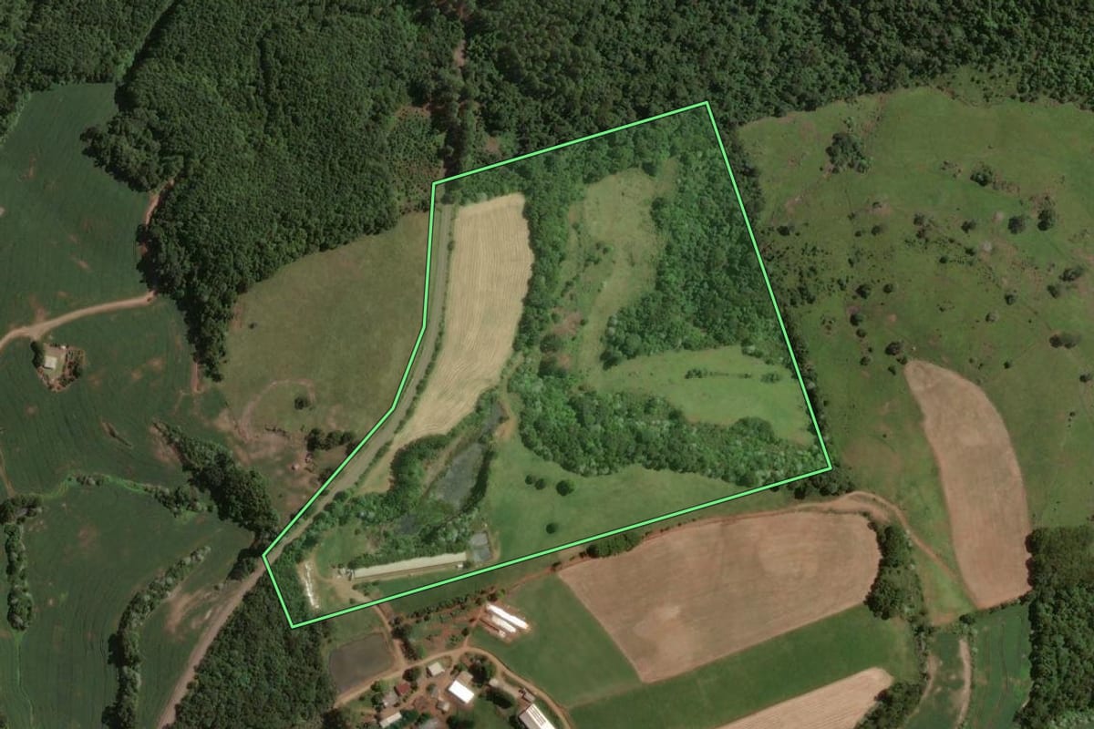 Imagem de satélite do imóvel rural em Marcelino Ramos (RS), com o contorno declarado no CAR desenhado por cima.