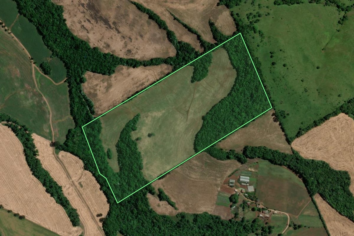 Imagem de satélite do imóvel rural em Marcelino Ramos (RS), com o contorno declarado no CAR desenhado por cima.