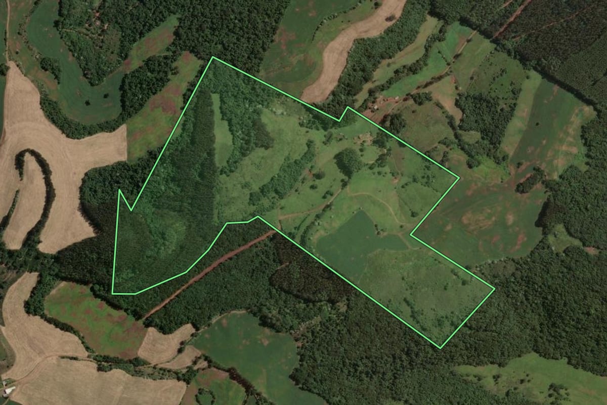 Imagem de satélite do imóvel rural em Marcelino Ramos (RS), com o contorno declarado no CAR desenhado por cima.