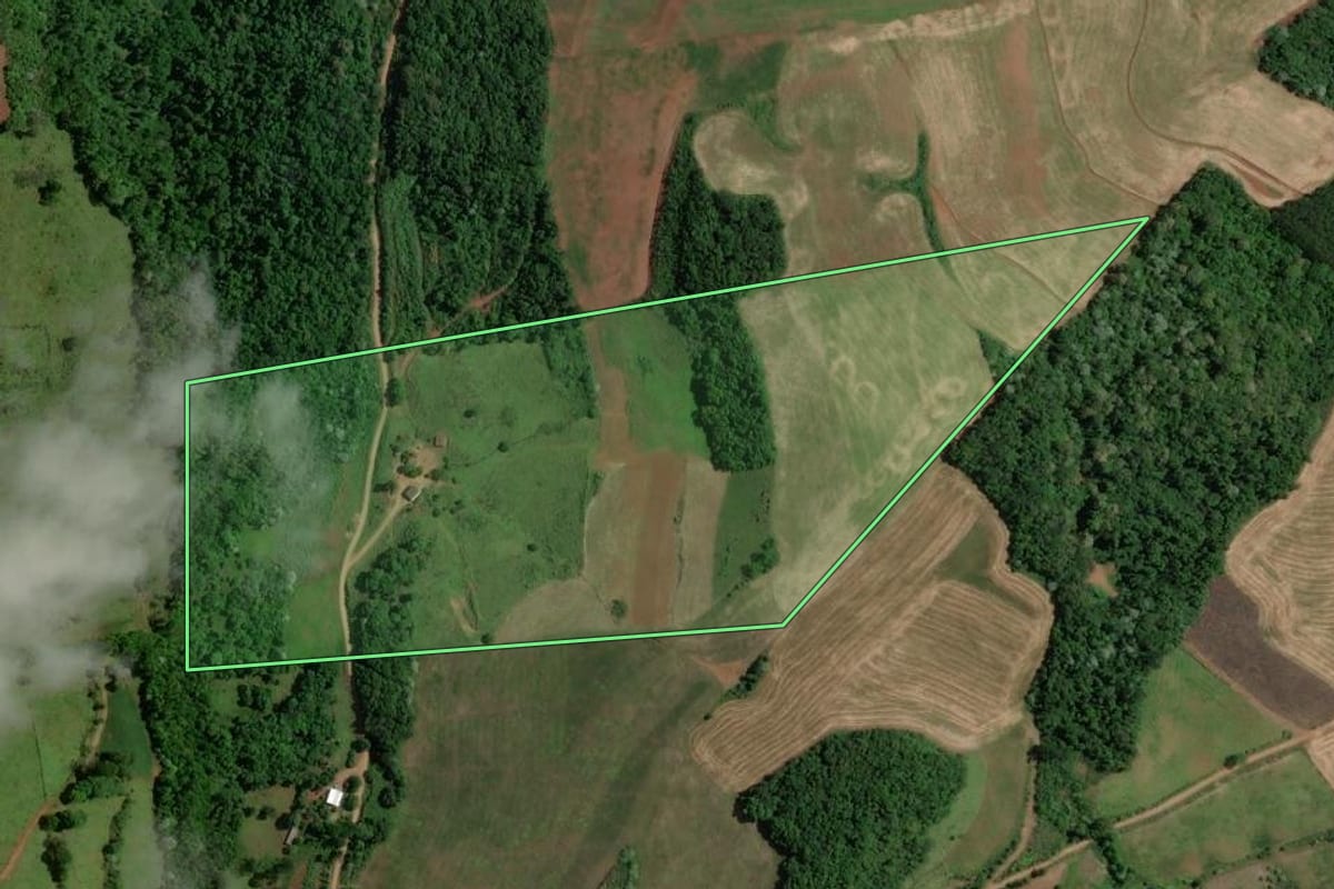 Imagem de satélite do imóvel rural em Marcelino Ramos (RS), com o contorno declarado no CAR desenhado por cima.