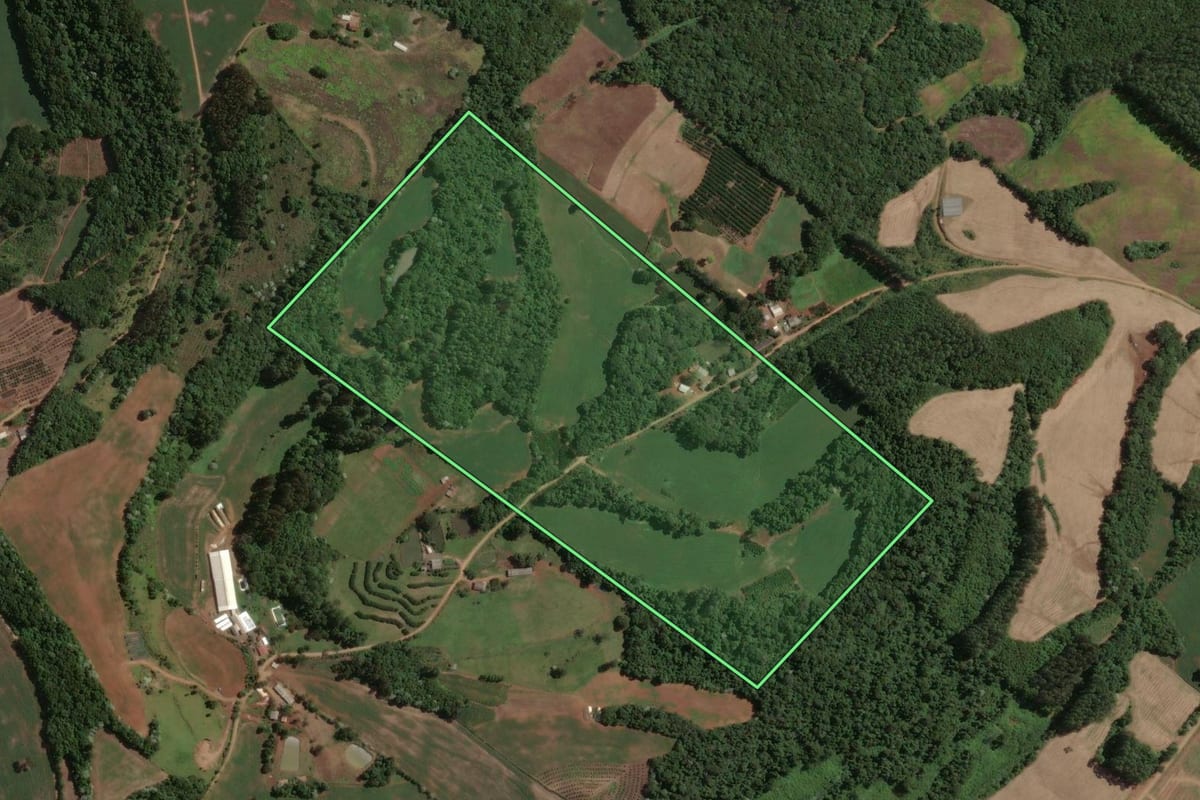 Imagem de satélite do imóvel rural em Marcelino Ramos (RS), com o contorno declarado no CAR desenhado por cima.