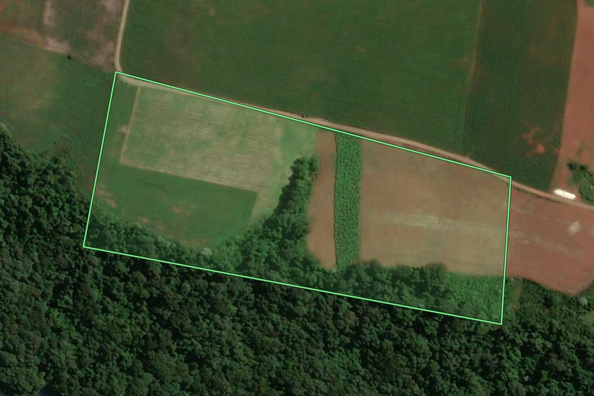 Imagem de satélite do imóvel rural em Marcelino Ramos (RS), com o contorno declarado no CAR desenhado por cima.