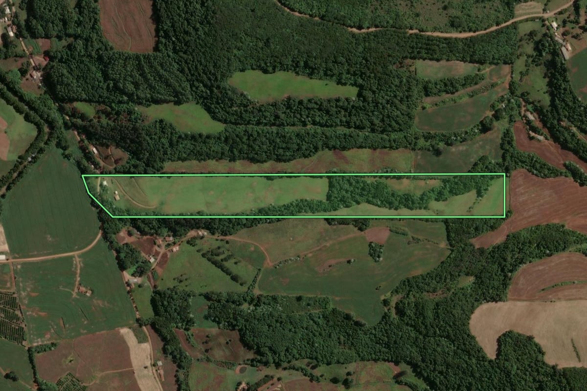 Imagem de satélite do imóvel rural em Marcelino Ramos (RS), com o contorno declarado no CAR desenhado por cima.