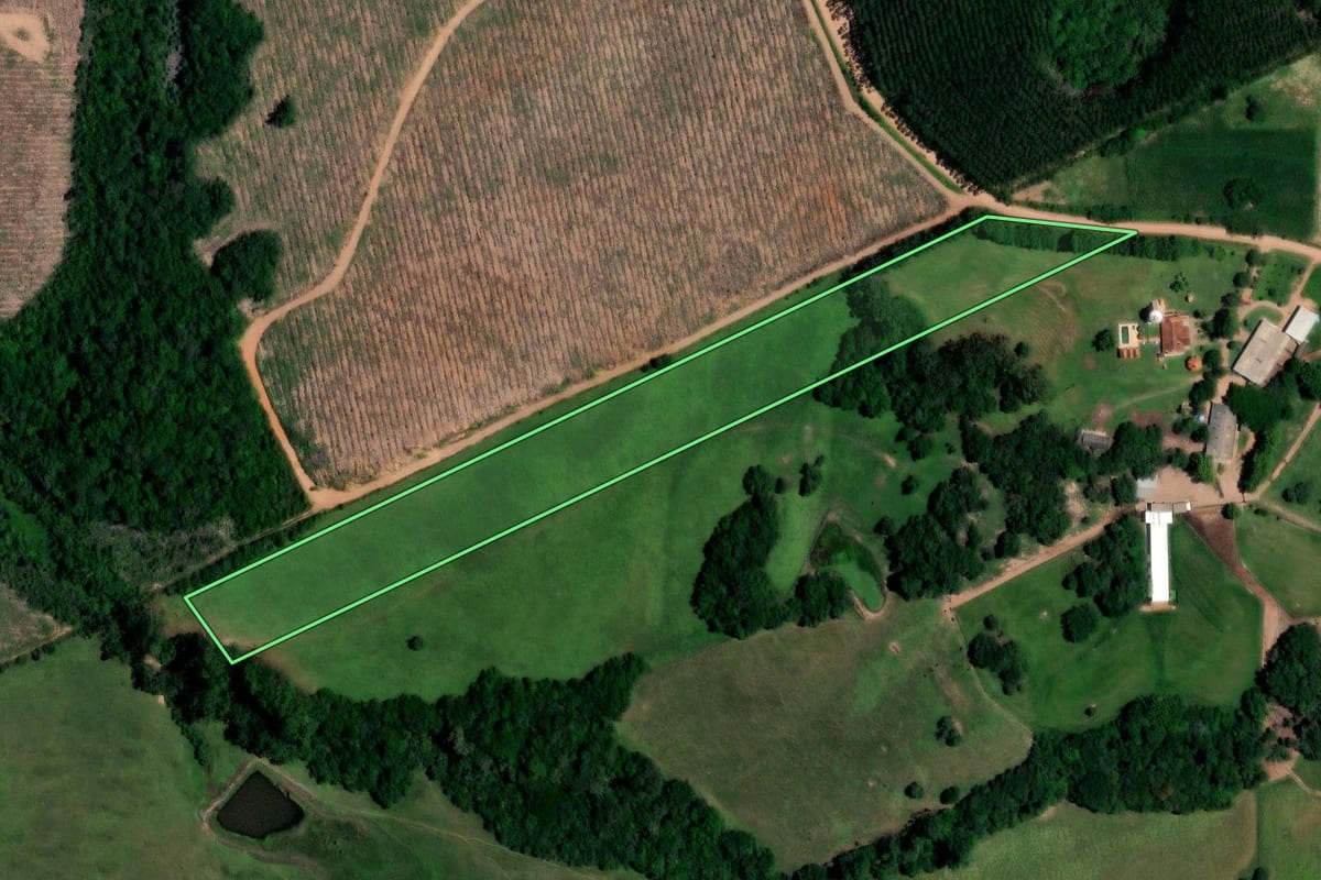 Imagem de satélite do imóvel rural em Mariana Pimentel (RS), com o contorno declarado no CAR desenhado por cima.