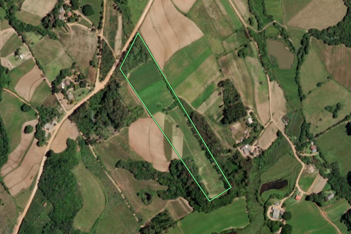 Imagem de satélite do imóvel rural em Mariana Pimentel (RS), com o contorno declarado no CAR desenhado por cima.