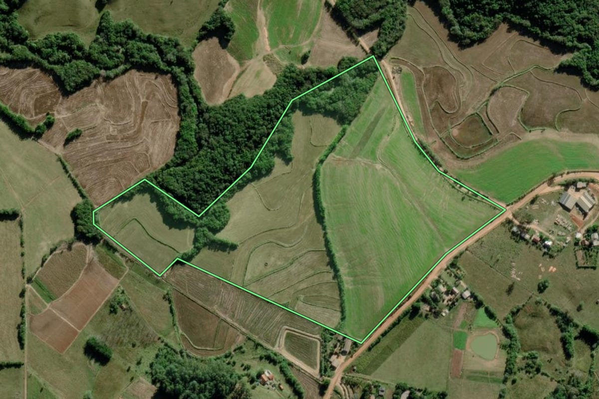 Imagem de satélite do imóvel rural em Mariana Pimentel (RS), com o contorno declarado no CAR desenhado por cima.