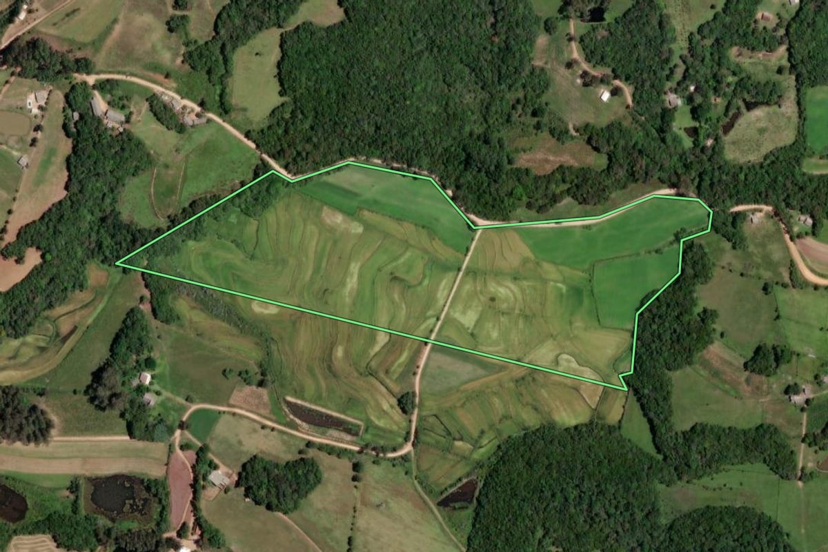 Imagem de satélite do imóvel rural em Mariana Pimentel (RS), com o contorno declarado no CAR desenhado por cima.