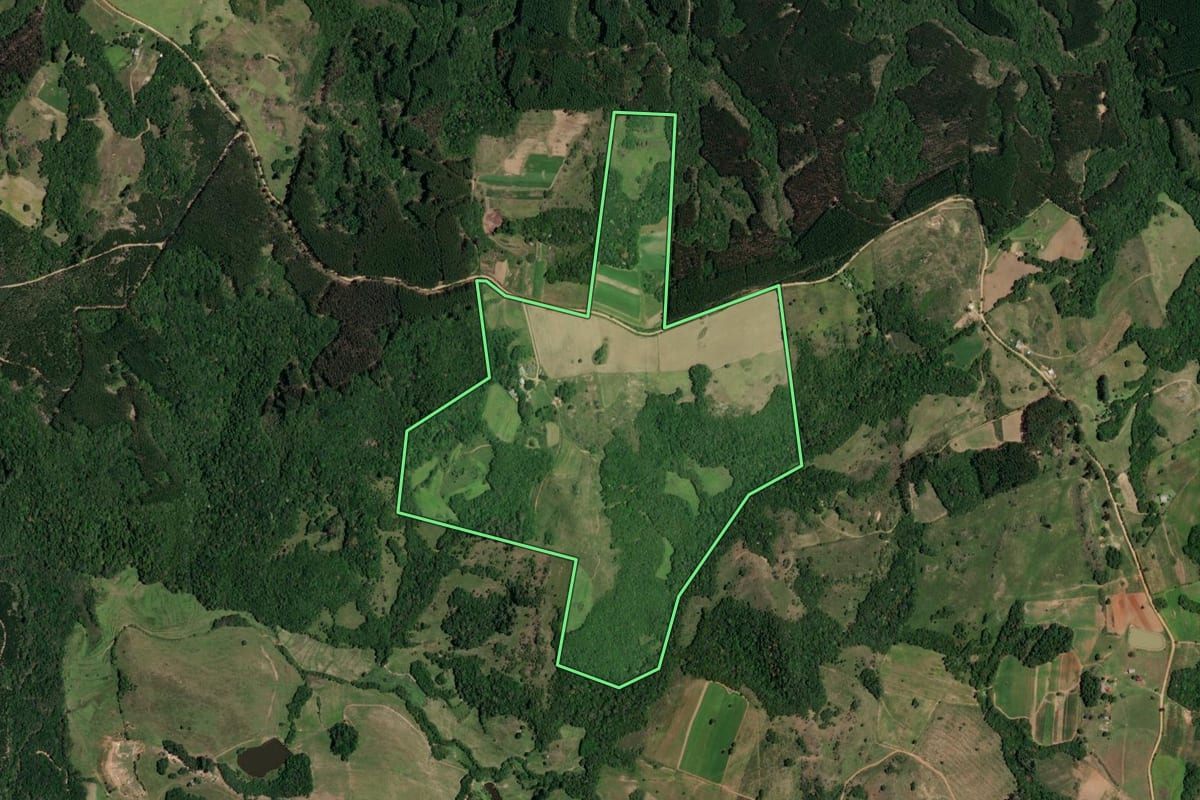 Imagem de satélite do imóvel rural em Mariana Pimentel (RS), com o contorno declarado no CAR desenhado por cima.
