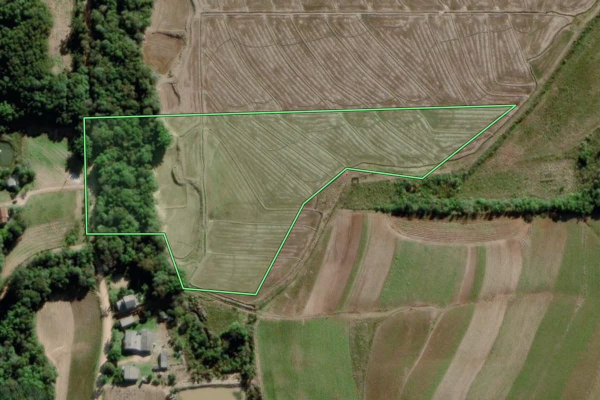 Imagem de satélite do imóvel rural em Mariana Pimentel (RS), com o contorno declarado no CAR desenhado por cima.