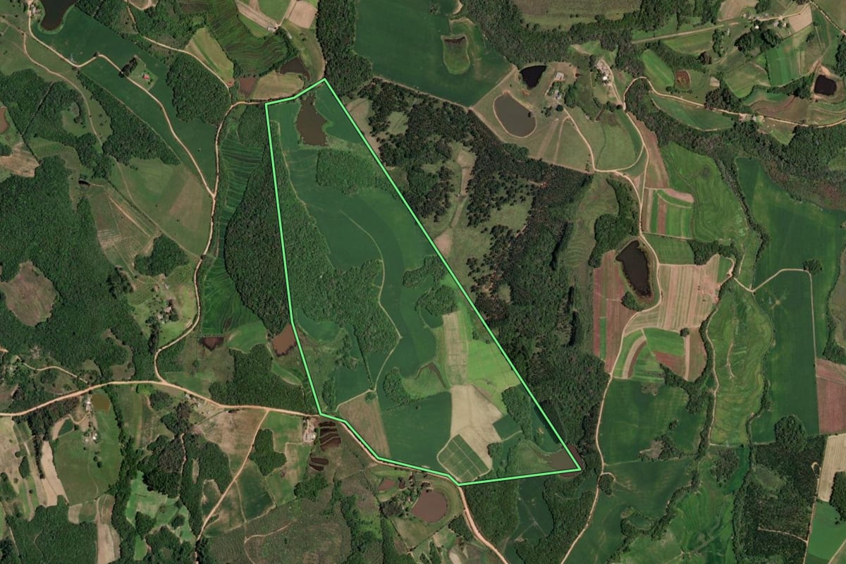 Imagem de satélite do imóvel rural em Mariana Pimentel (RS), com o contorno declarado no CAR desenhado por cima.