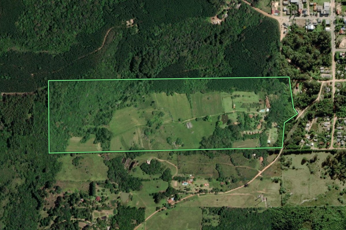Imagem de satélite do imóvel rural em Mariana Pimentel (RS), com o contorno declarado no CAR desenhado por cima.