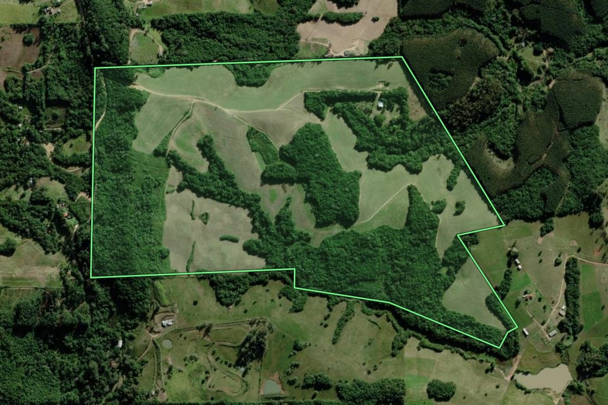 Imagem de satélite do imóvel rural em Mariana Pimentel (RS), com o contorno declarado no CAR desenhado por cima.