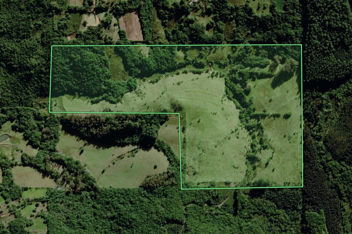 Imagem de satélite do imóvel rural em Mariana Pimentel (RS), com o contorno declarado no CAR desenhado por cima.