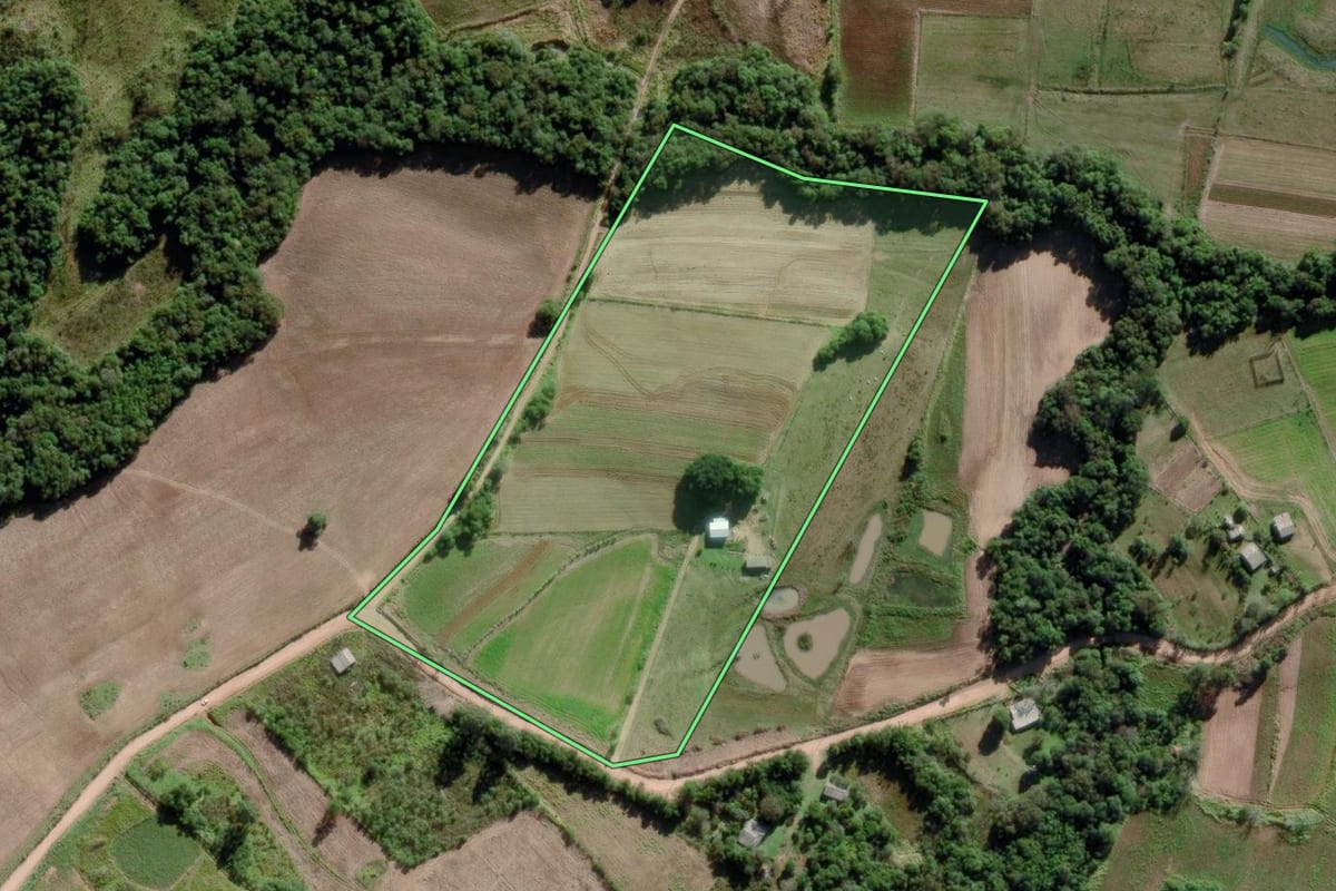 Imagem de satélite do imóvel rural em Mariana Pimentel (RS), com o contorno declarado no CAR desenhado por cima.