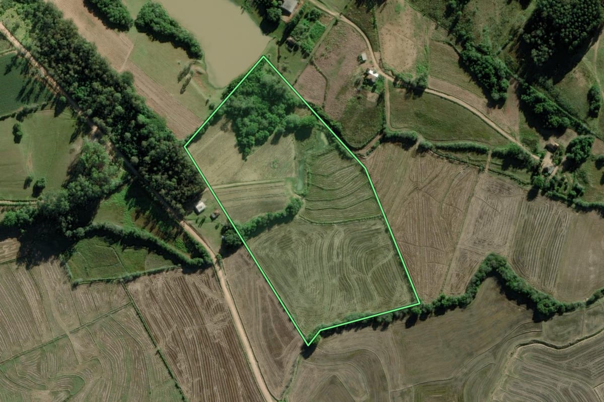 Imagem de satélite do imóvel rural em Mariana Pimentel (RS), com o contorno declarado no CAR desenhado por cima.