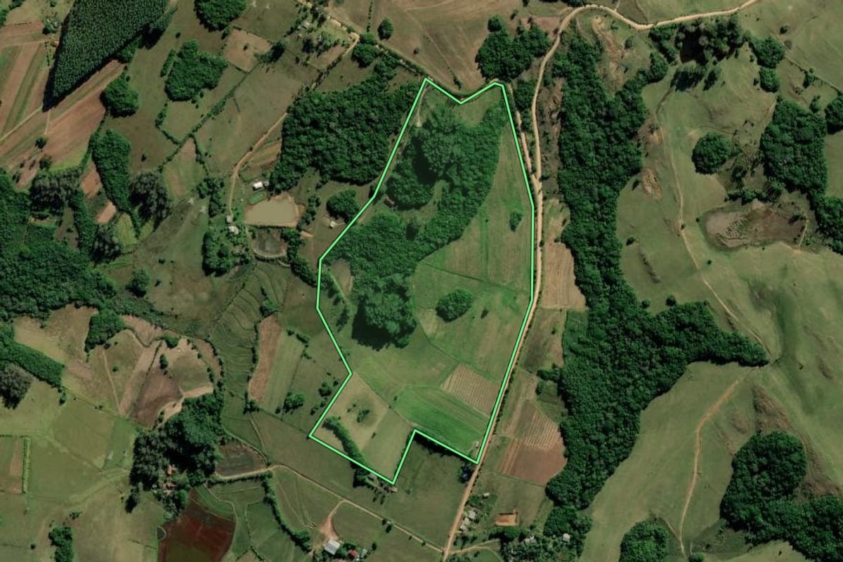 Imagem de satélite do imóvel rural em Mariana Pimentel (RS), com o contorno declarado no CAR desenhado por cima.