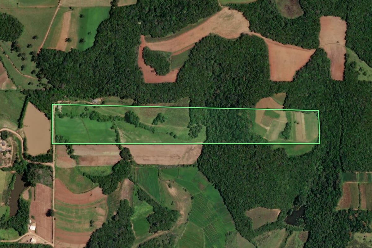 Imagem de satélite do imóvel rural em Mariana Pimentel (RS), com o contorno declarado no CAR desenhado por cima.