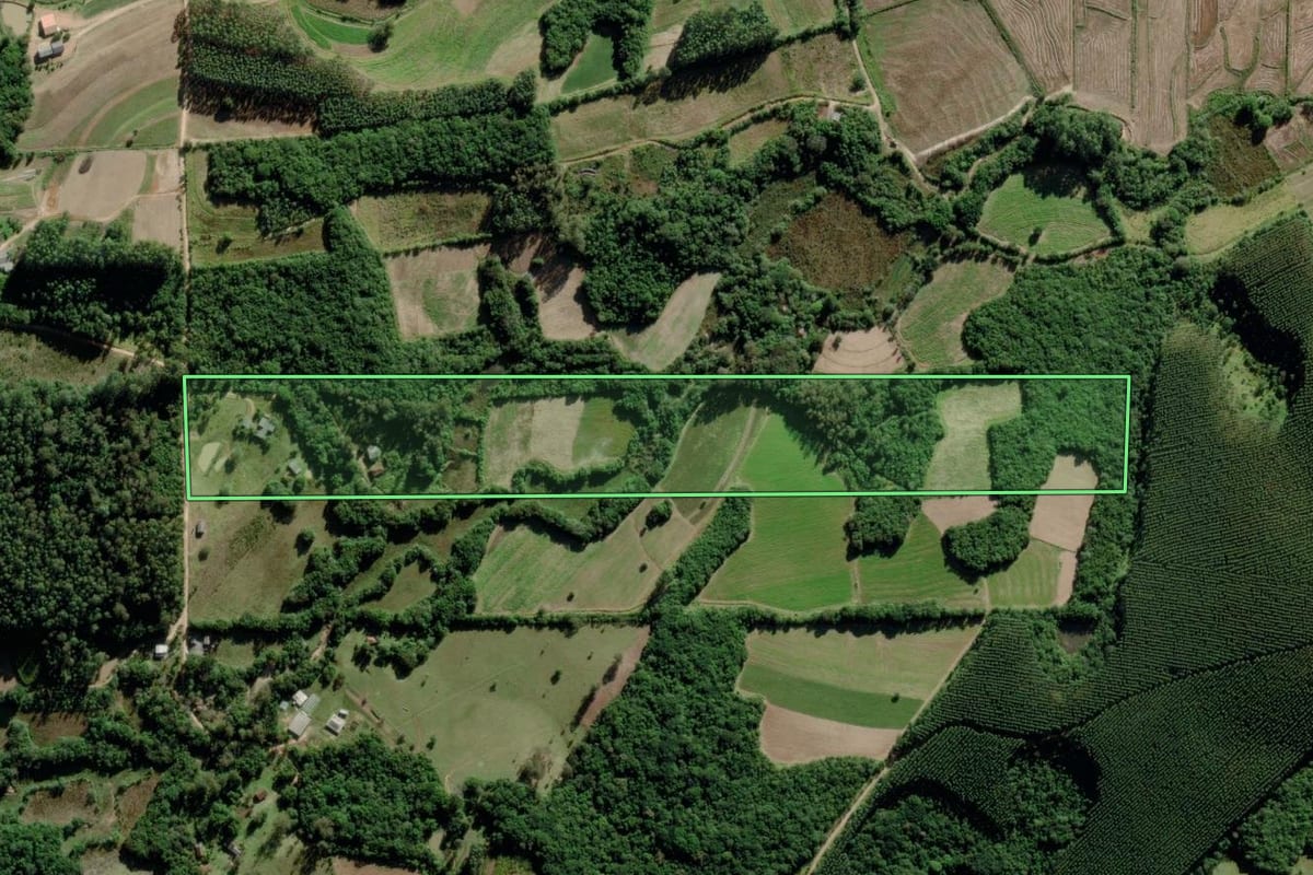 Imagem de satélite do imóvel rural em Mariana Pimentel (RS), com o contorno declarado no CAR desenhado por cima.