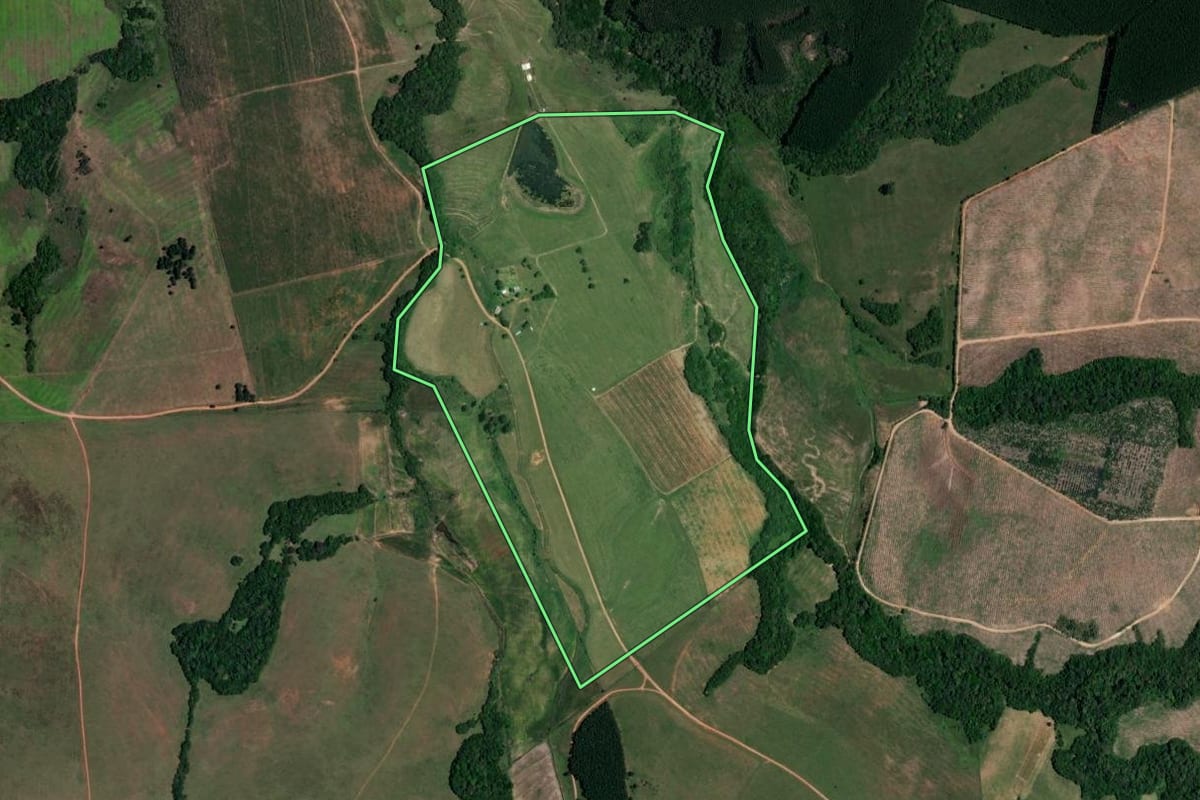 Imagem de satélite do imóvel rural em Mariana Pimentel (RS), com o contorno declarado no CAR desenhado por cima.