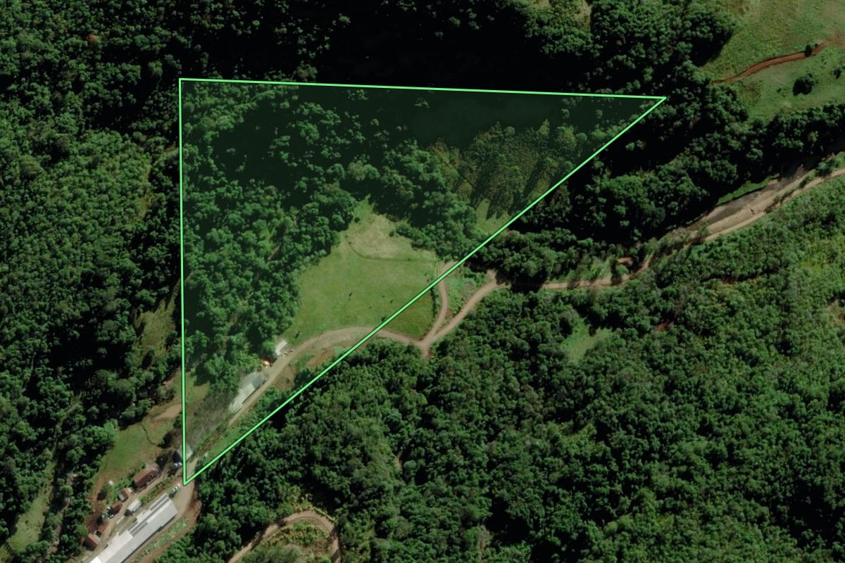 Imagem de satélite do imóvel rural em Marques de Souza (RS), com o contorno declarado no CAR desenhado por cima.
