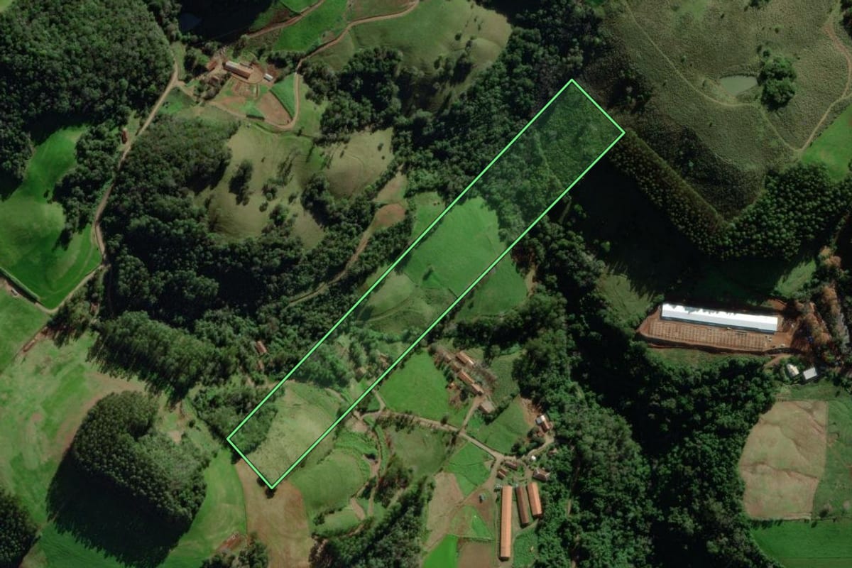 Imagem de satélite do imóvel rural em Marques de Souza (RS), com o contorno declarado no CAR desenhado por cima.