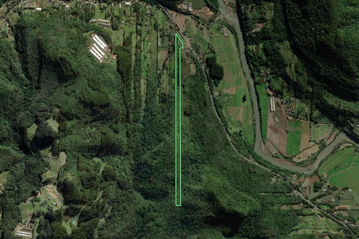 Imagem de satélite do imóvel rural em Marques de Souza (RS), com o contorno declarado no CAR desenhado por cima.