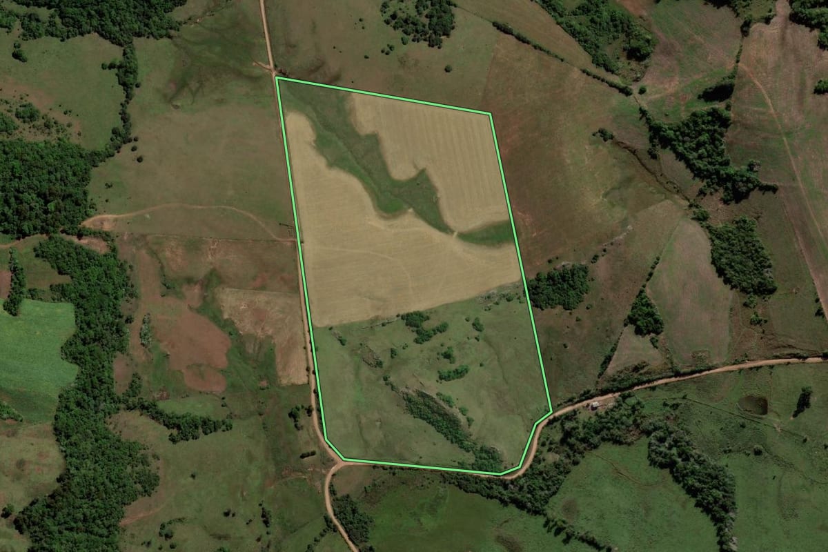 Imagem de satélite do imóvel rural em Mata (RS), com o contorno declarado no CAR desenhado por cima.