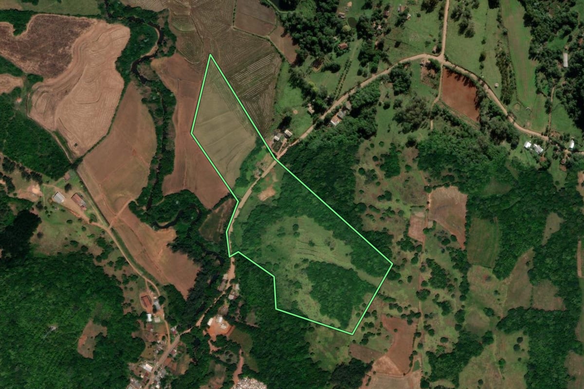 Imagem de satélite do imóvel rural em Mata (RS), com o contorno declarado no CAR desenhado por cima.